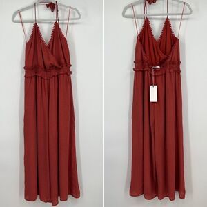 NWT Lush Strappy backed smocked waist cropped wide leg jumpsuit Large rust